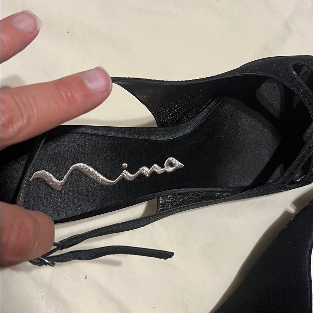 Nina black satin sling back peep toe heels genuine leather sole. - Picture 8 of 9